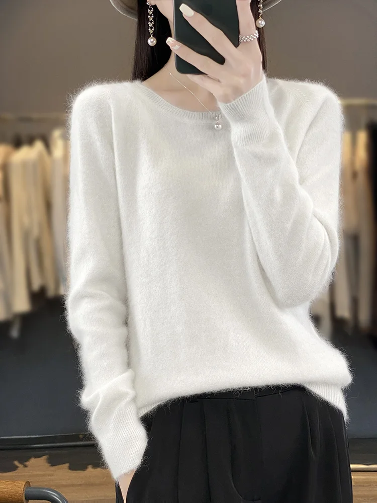 2024 New Women Basic O-neck Pullover Sweater 100% Mink Cashmere Long Sleeve Cashmere Knitwear Autumn Winter Female Clothing Tops