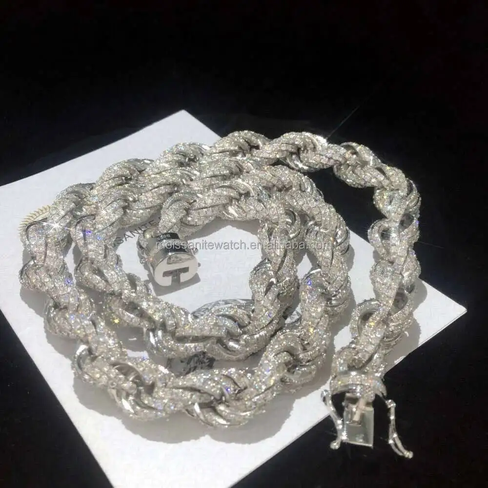 Luxury Full Iced Out Hip Hop Jewelry Moissanite Rope Chain Necklace Sterling Silver 7mm 8mm 9mm 11mm 12mm Twisted Diamond Rope C