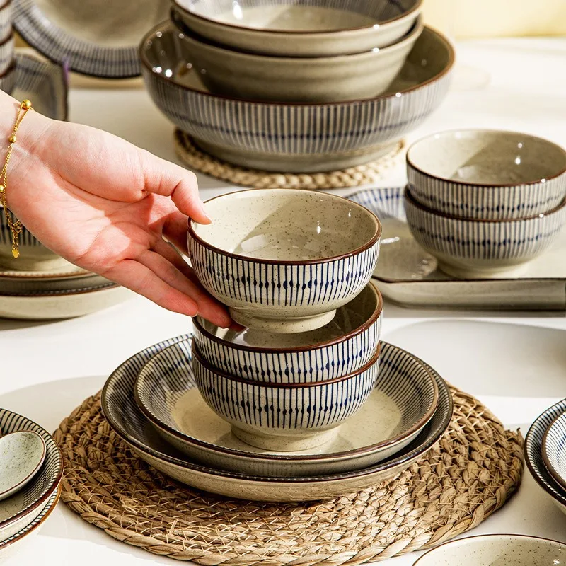 DSA Ceramic Tableware Set Bowls Plates Underglaze Color Household Rice Bowls Premium Sense Dishes Plates Noodle Bowls Salad