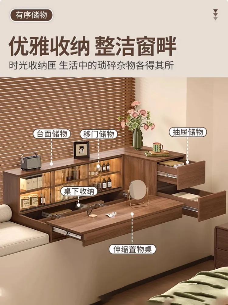 Solid wood bay window dresser retractable bay window desk storage cabinet
