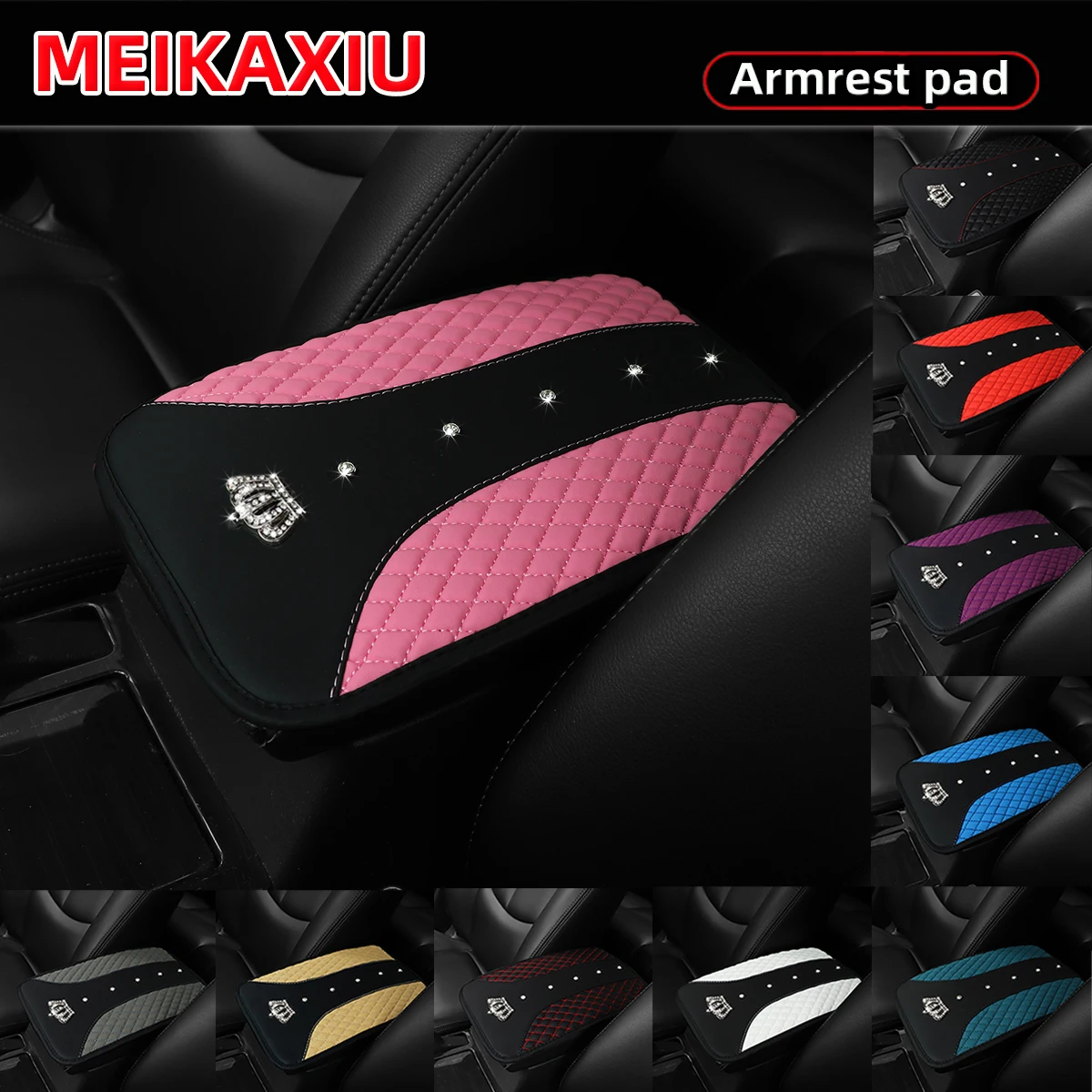 Car Glove Compartment Cover Made of Artificial Sheepskin with Embroidery and Diamonds. Blingbling. Metal Crown.