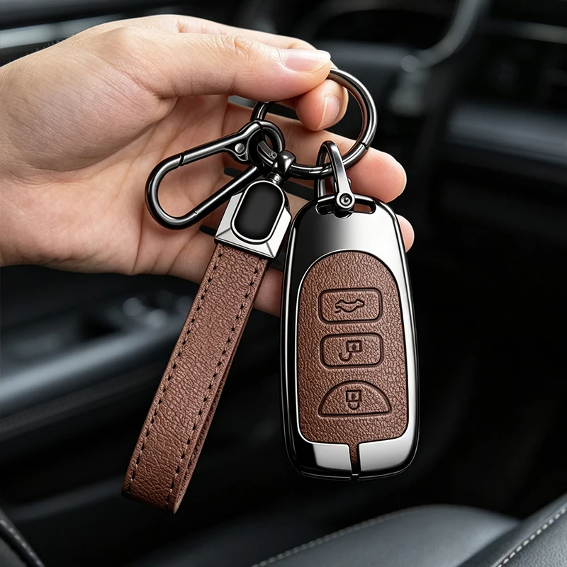 Zinc Alloy Leather Car Key Case Cover For Hyundai KIA Elantra Sonata Accent Tucson Sonata Santa FE Carens Protect Shell