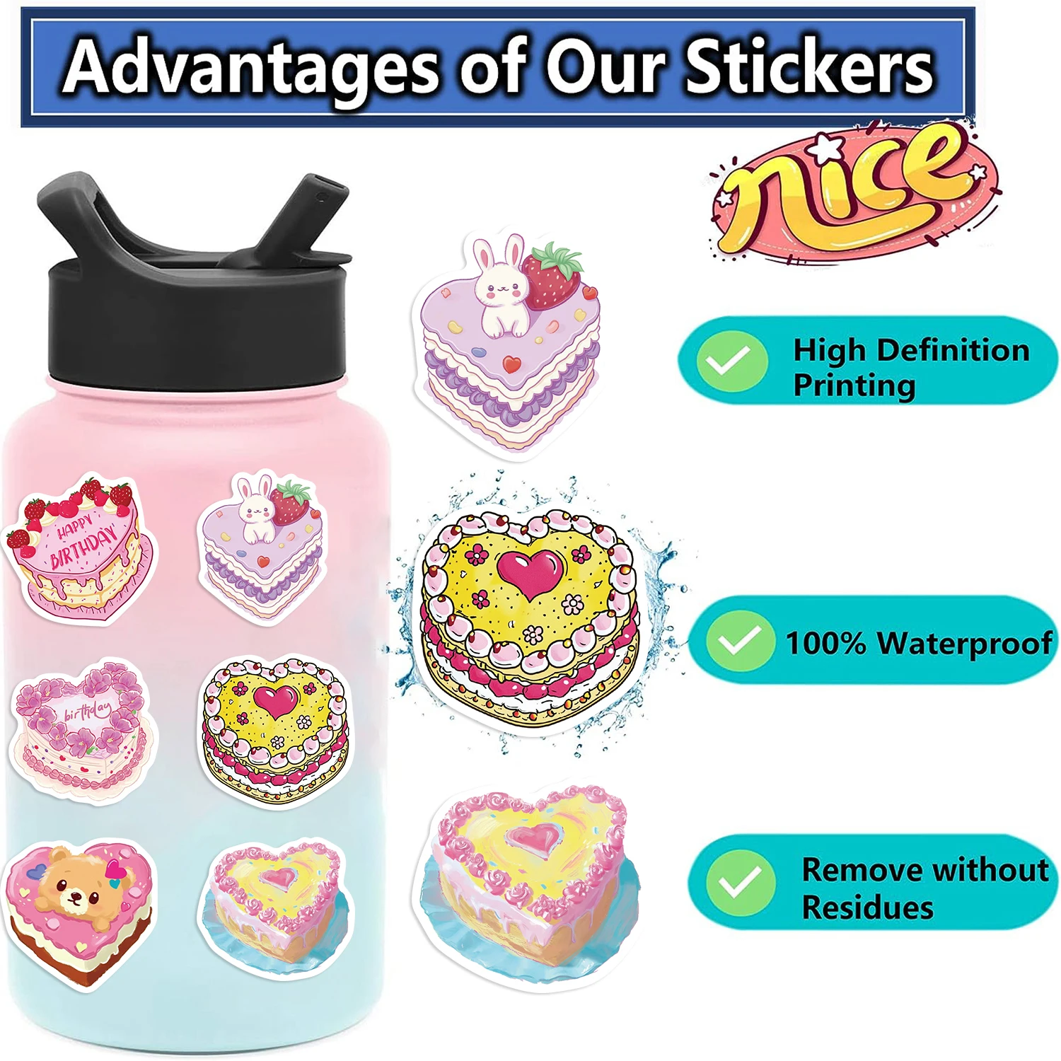 50pcs Love Heart Birthday Cakes Stickers For Laptop Water Bottle Luggage Notebook Waterproof Graffiti Vinyl Cute Cartoon Decals