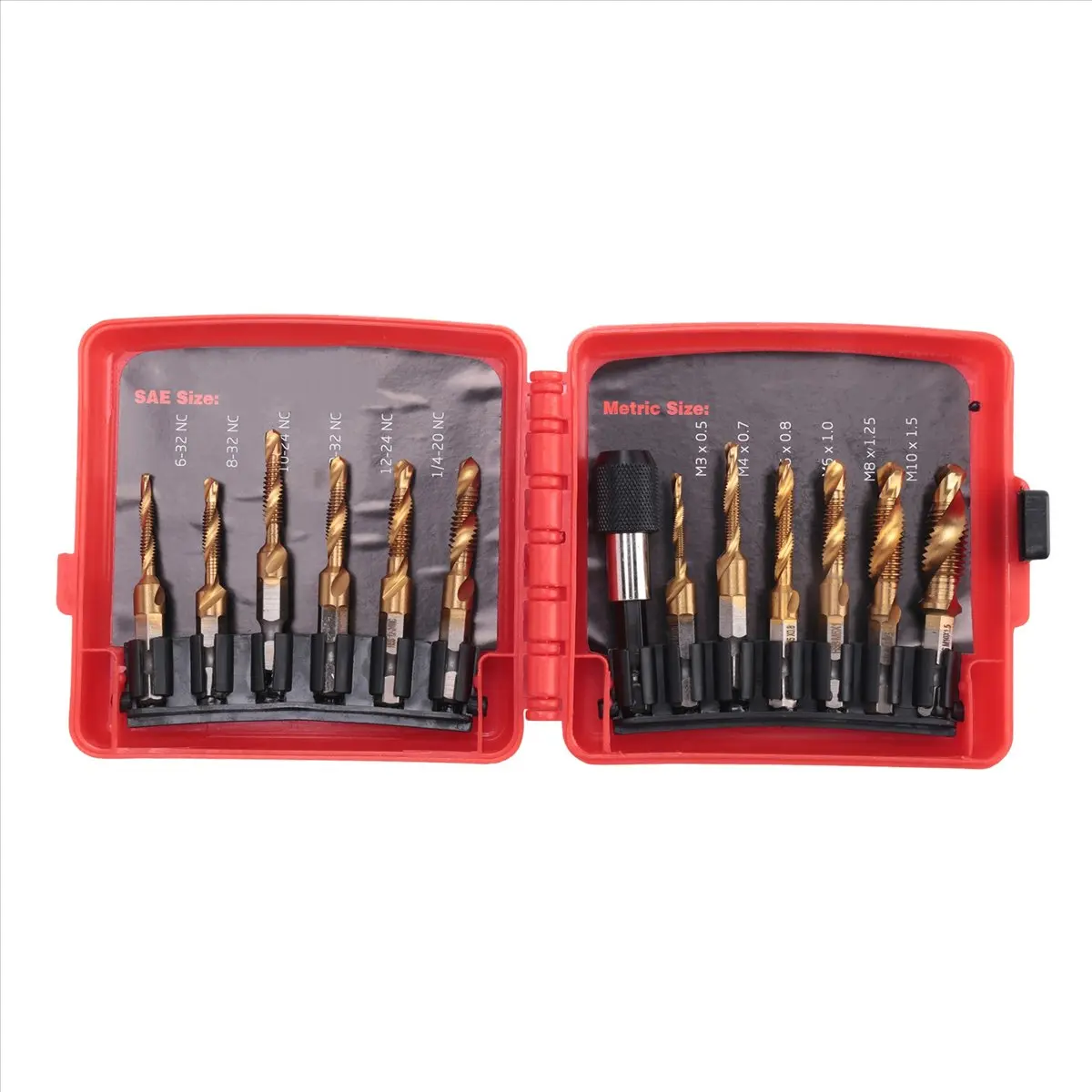 A74U Titanium Combination Drill Tap Bit Set 13PCS SAE and Metric Tap Bits Kit for Thread Drilling Tapping Deburring