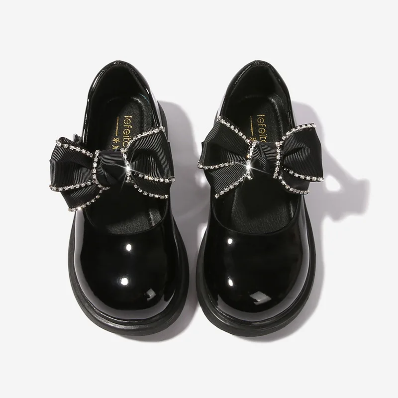 Girls Students Little Leather Shoes 2023 Spring New Children Fashion Loafers Britain PU Black Bow Kids Shoes Hook & Loop Glossy