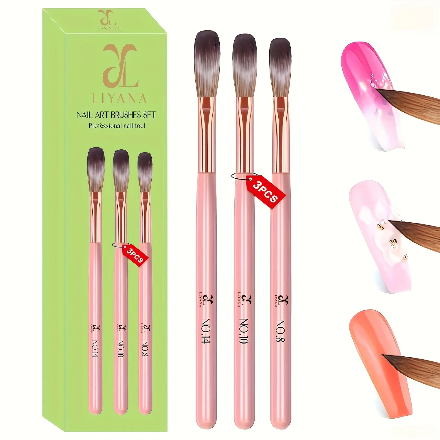 3Pcs Acrylic Nail Brush Set, Size 8/10/14 Professional Nail Brushes for Acrylic Application Acrylic Powder Nail Art Extension