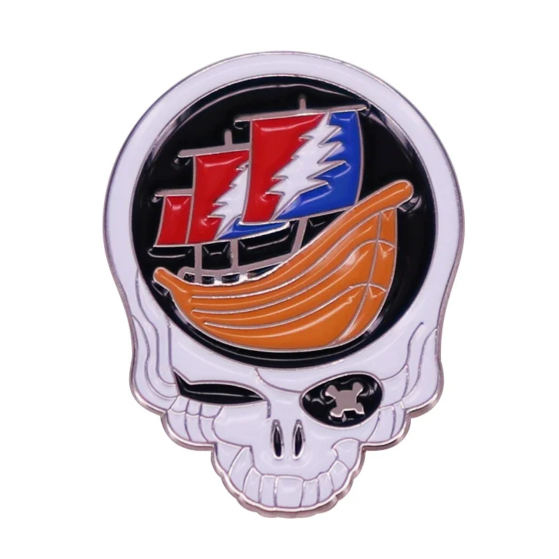 Ship In Skull Attacked By Sea Monster Enamel Pin Brooch