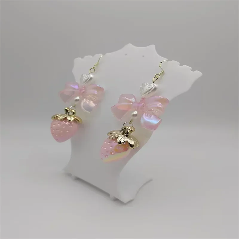 Pastel strawberry coquette cottagecore bow earrings pearl heart milky