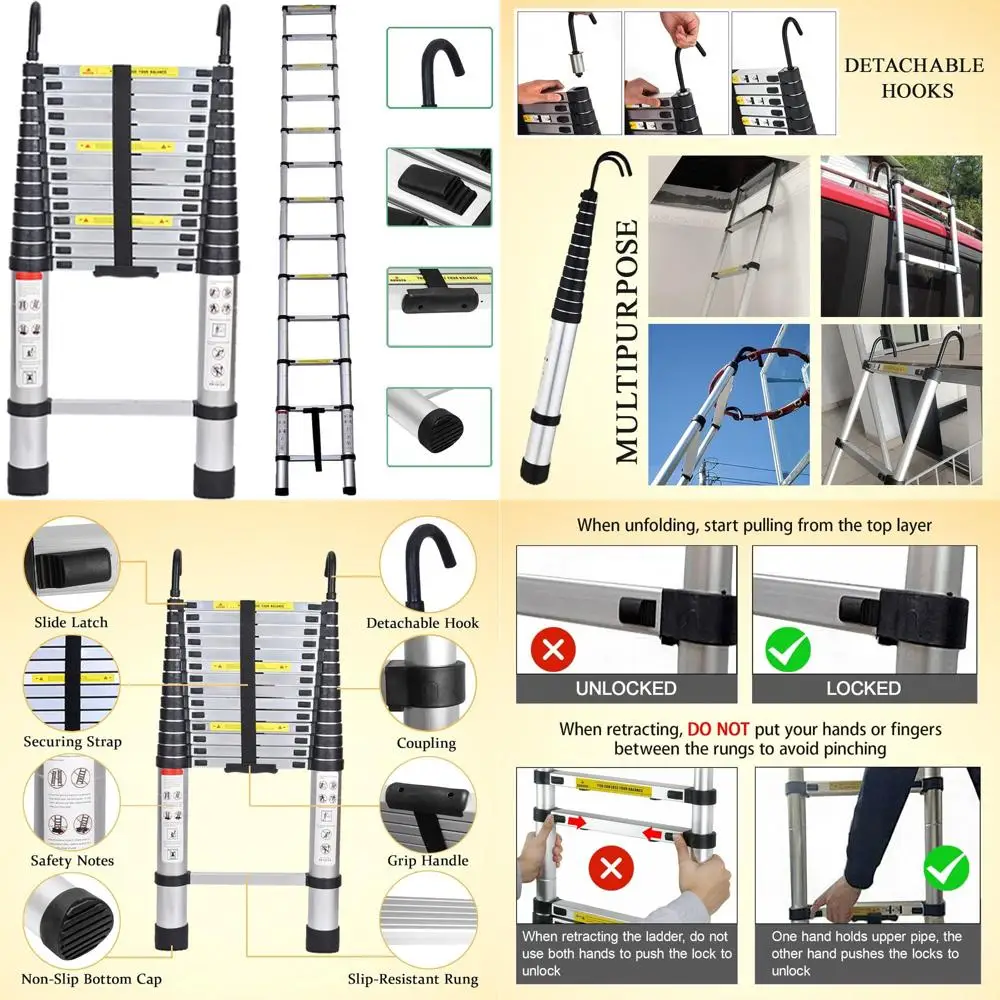 سلم ألومنيوم متعدد الأغراض قابل للتمديد بطول 14.5 قدم قابل للطي ومدمج ومحمول للسلامة سلم علوي تمديد