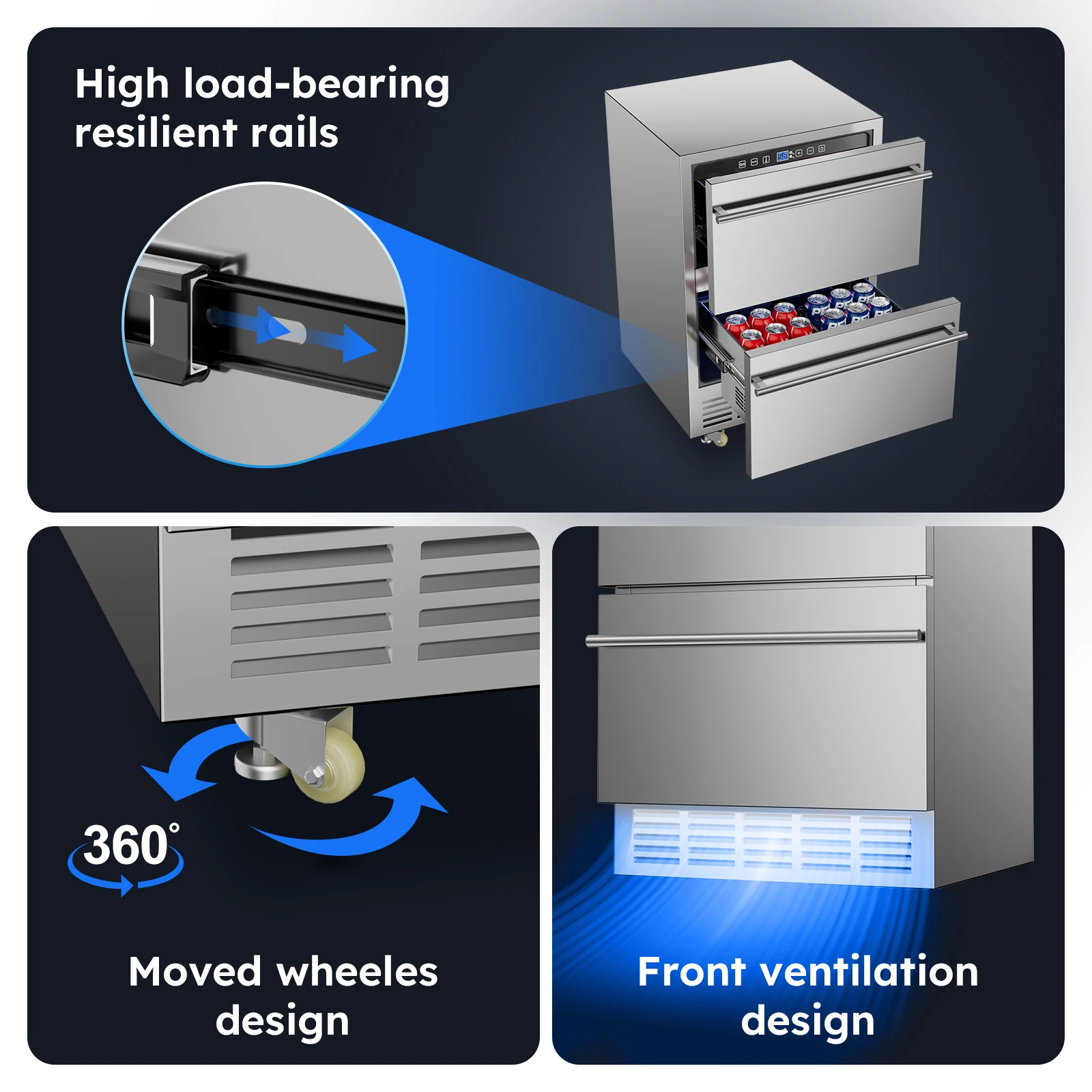 Refrigerador incorporado da bebida com painel de toque, undercounter, 2 gavetas, 5,3 Cu.ft., 24 "sob o refrigerador contrário