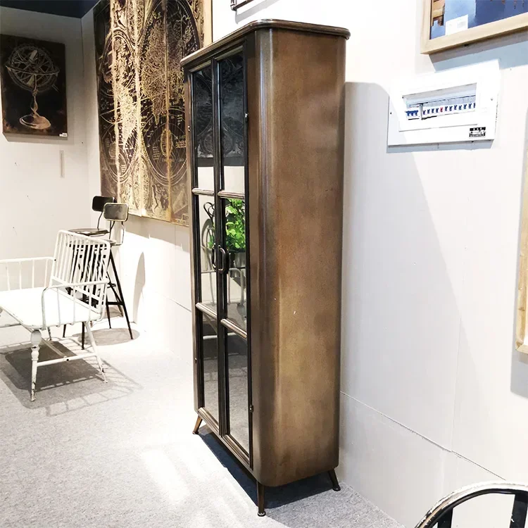 

-Large industrial antique old style home living room 2 glass door tall side sideboard iron metal storage cabinet
