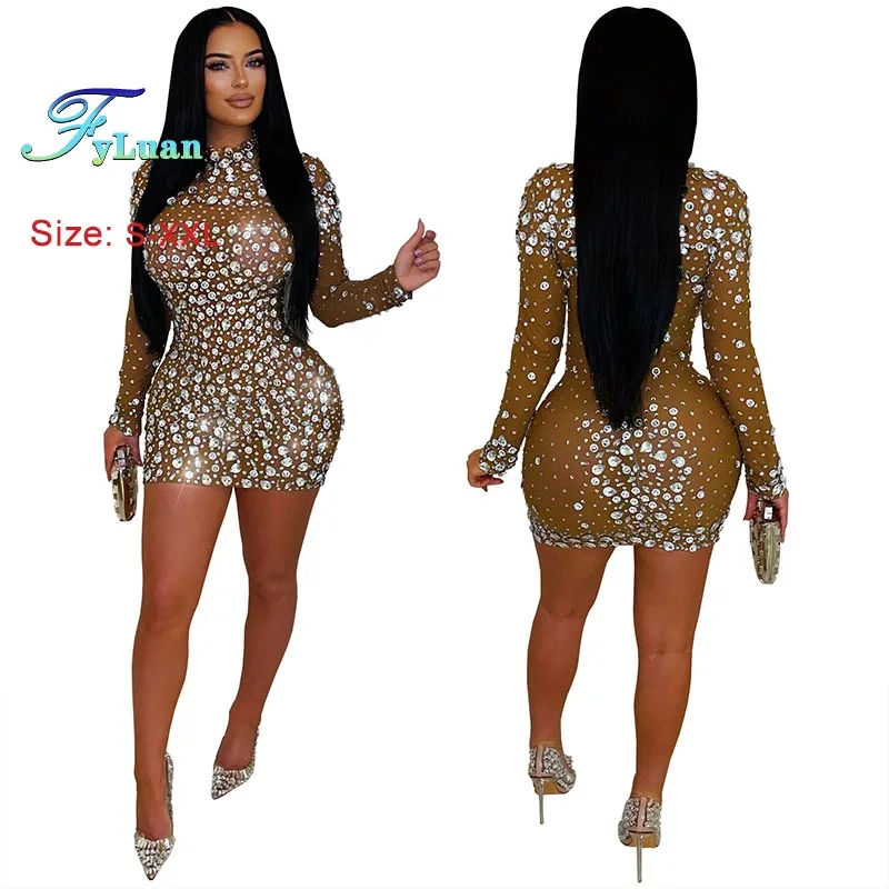 2025 موضة المرأة فستان قصير مثير كم طويل بقماش شفاف Bodycon فستان بلون الساخن الماس ضيق المناسب فستان فساتين حفلات #6