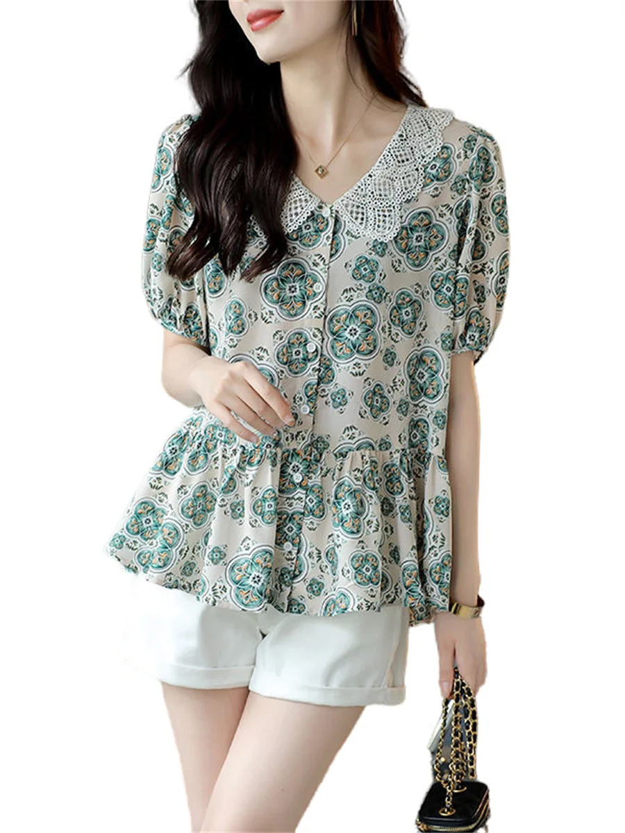 

4XL Women Summer Spring Blouses Shirts Lady Fashion Casual Short Sleeve Turn-down Collar Flower Printing Blusas Tops G2467
