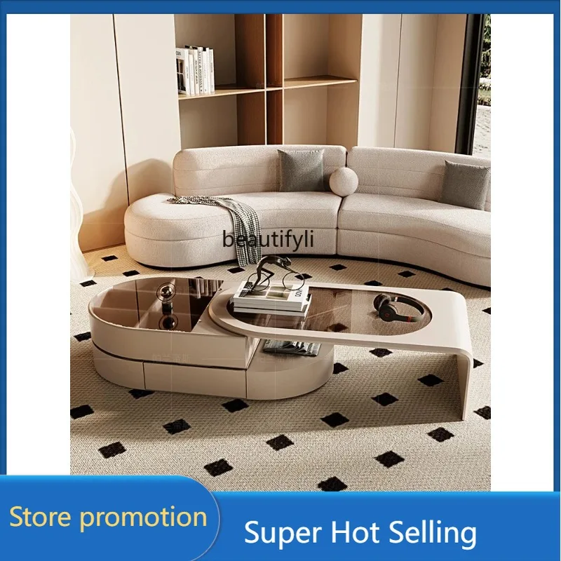 01Glass Tea Table Designer Model round Arc Edge Anti-Collision Living Room Home Modern Light Luxury Retractable Tea Table