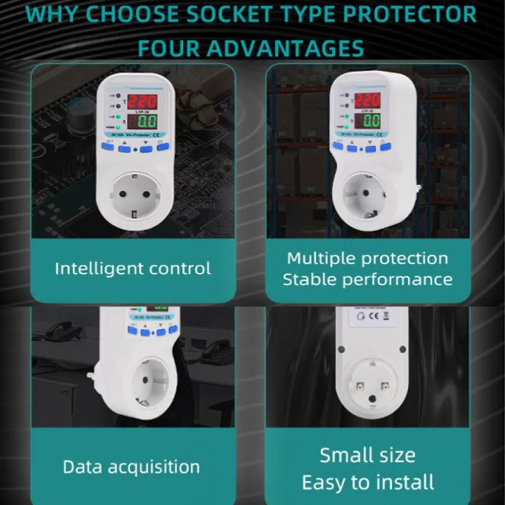 

​Dual Digital Display Metering Socket 16A 220V Overvoltage Under Voltage Protector Overcurrent and Overload Protection Socket