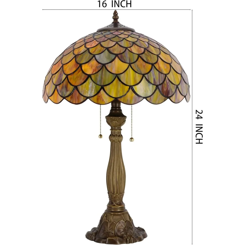 مصباح طاولة تيفاني من الزجاج الملون على طراز قشور السمك مصباح قراءة عتيق للمكتب مقاس 16 × 16 × 24 بوصة ديكور لغرفة النوم وغرفة المعيشة والمنزل #3