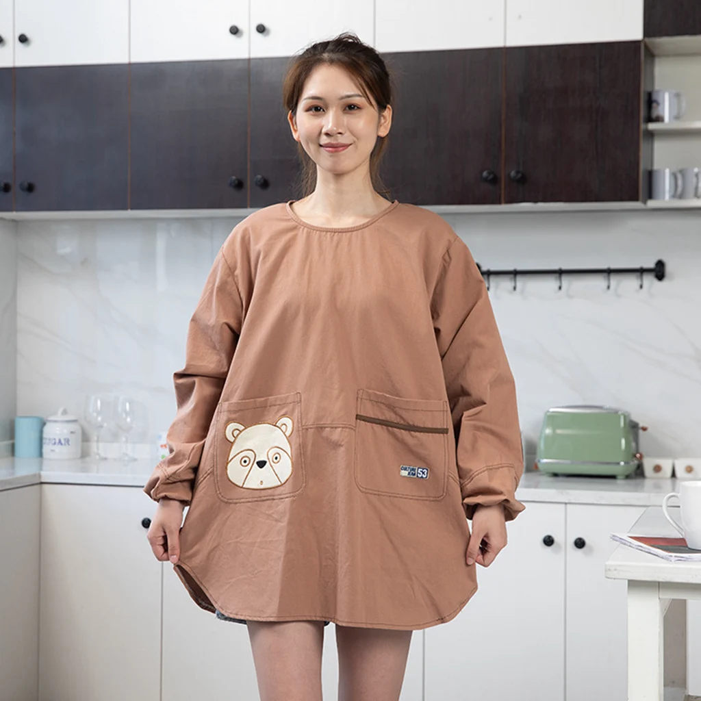 Cartoon Bear Antifouling Apron Kitchen Long sleeved Overalls Waterproof Restaurant Worker Supermarket Florist Apron For Women