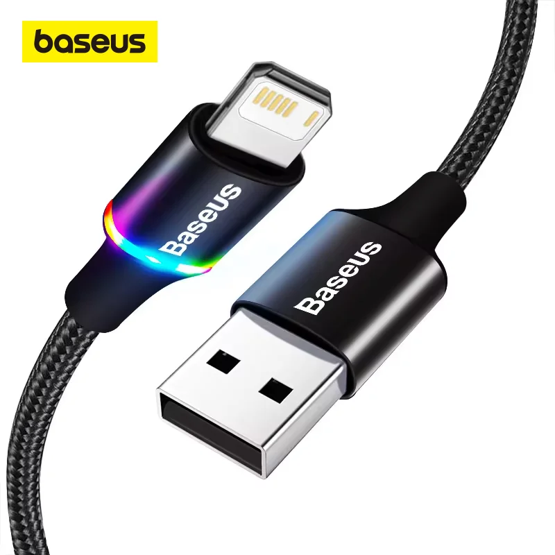 

USB-кабель Baseus со светодиодной подсветкой для iPhone 13 12 11 Pro Xs Max X Xr 8 7 6, зарядное устройство для быстрой зарядки, кабель для передачи данных мобильного телефона, шнур для iPad