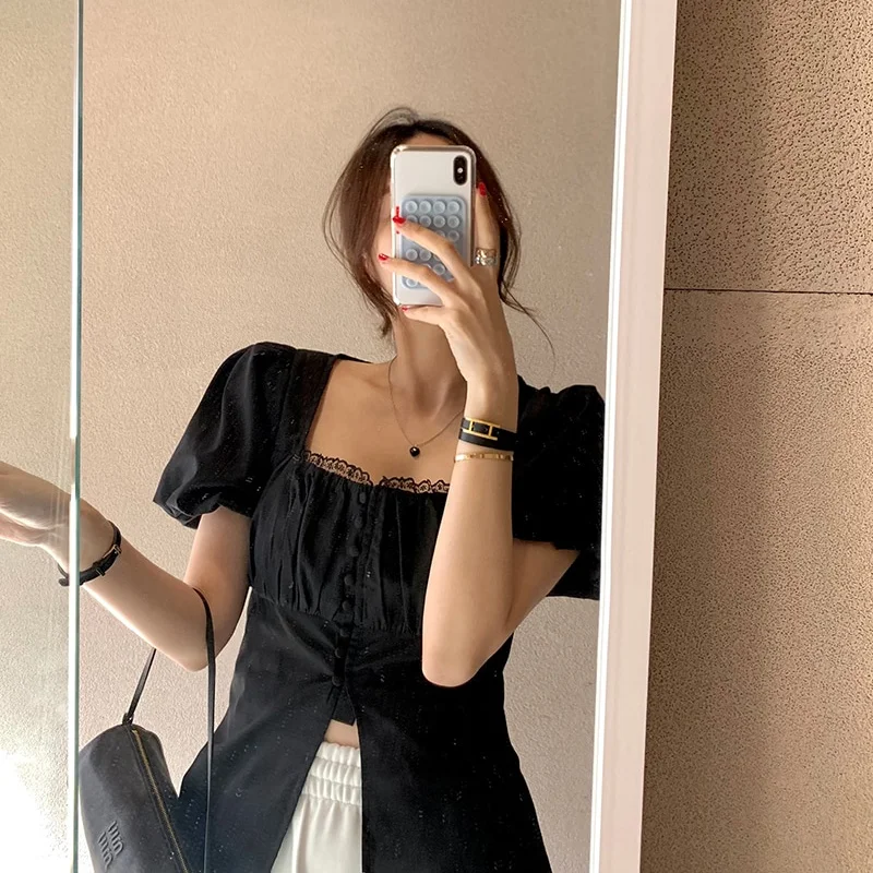 

2Colors Summer 2026 French Style Square Collar Lace Patch Short Puff Sleeve Shirt Office Lady Wear Blouse(yj1449