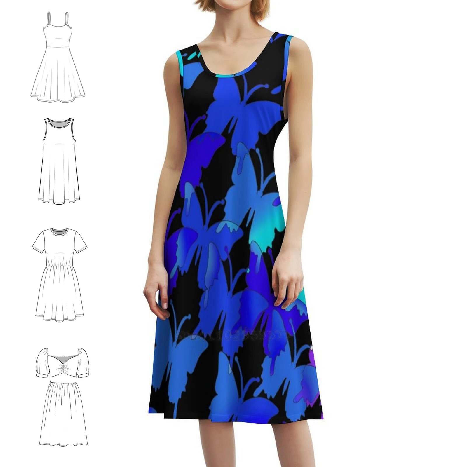 Butterflies Blue Lilac Black Sky Retro 80S And 70S Art Vintage Bohemian Dress Puff Sleeve Or Sleeveless Options For Women Dress