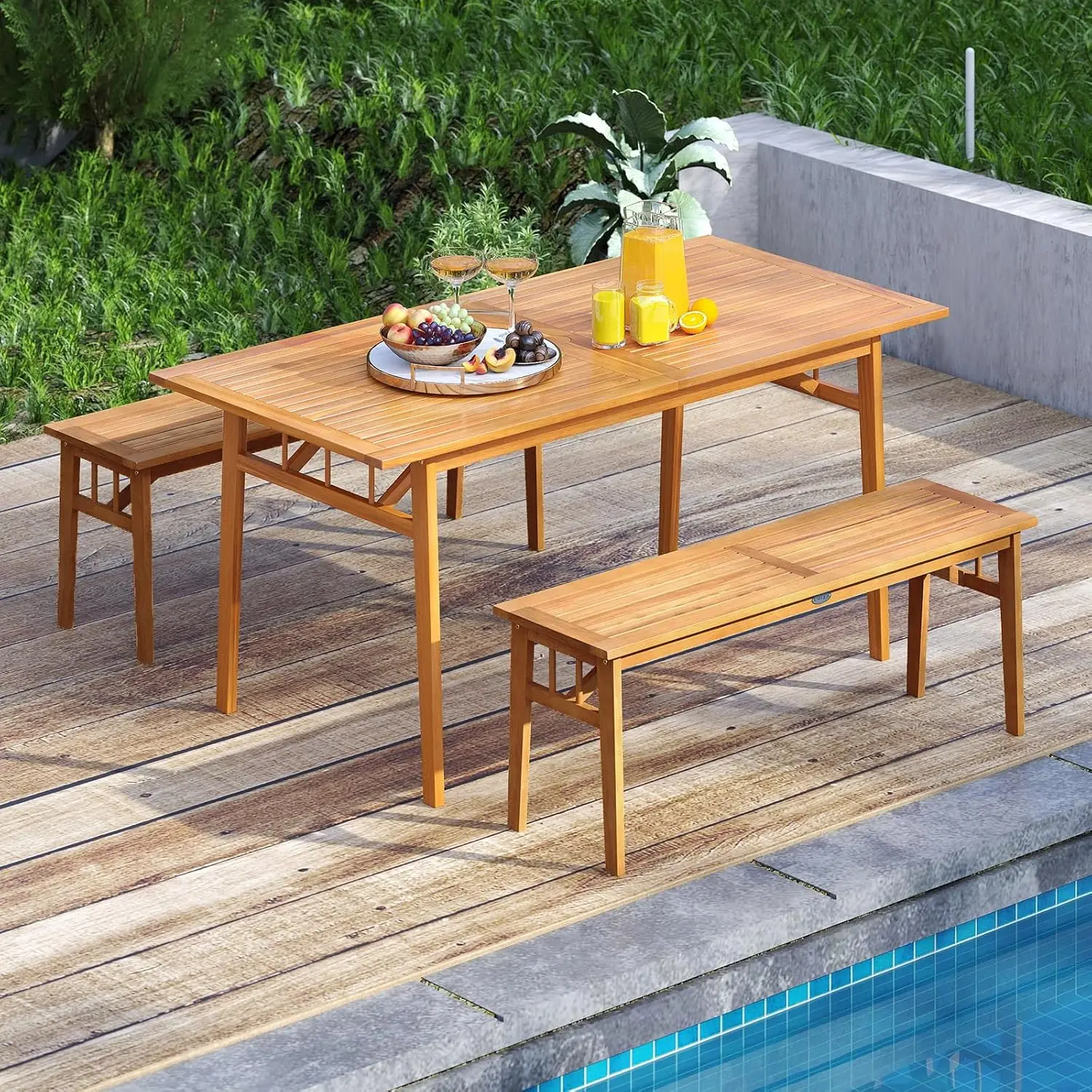 3 Pieces Patio Dining Set, Acacia Wood Space Saving Outdoor Rectangular Picnic Table with 1.97” Umbrella Hole and 2 Benches