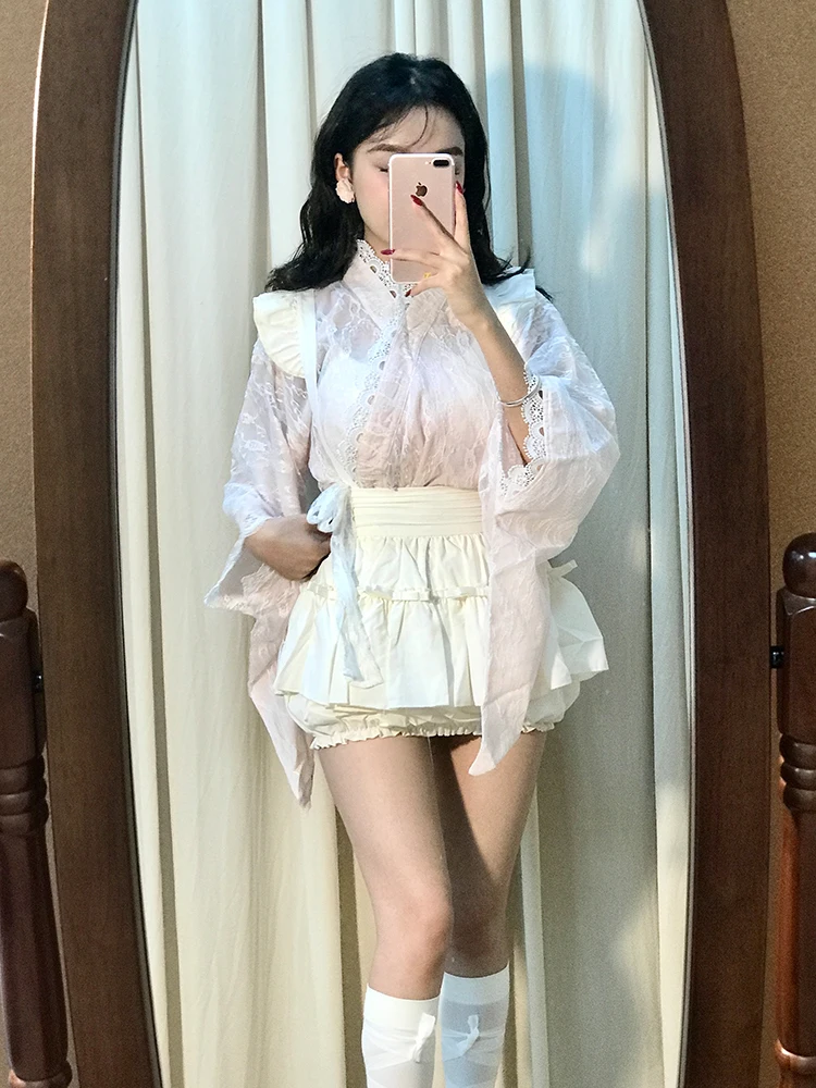 Japanisches SLE-Maidsuit-Set, hohe Taille, Overall, lange Swe-Spitze, weiches süßes Top, Bot, zweiteiliges Set für Damen, Herbst, Faion