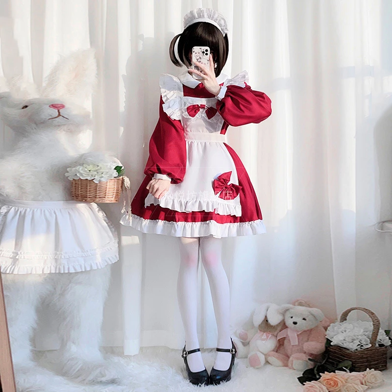 Plus Size Meid Cosplay Akihabara Kat Meisje Rode Lange Mouwen Mooie Dienstmaagd Lolita Jurk Anime Koffie Huis Kleding 3-delig