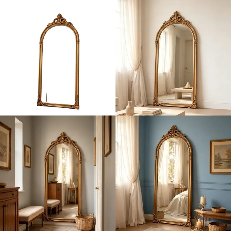 French Retro Arched Full Length Mirror Light Luxury Carved Classical Floor Mirror for Villa Living Room Cloakroom Fitting