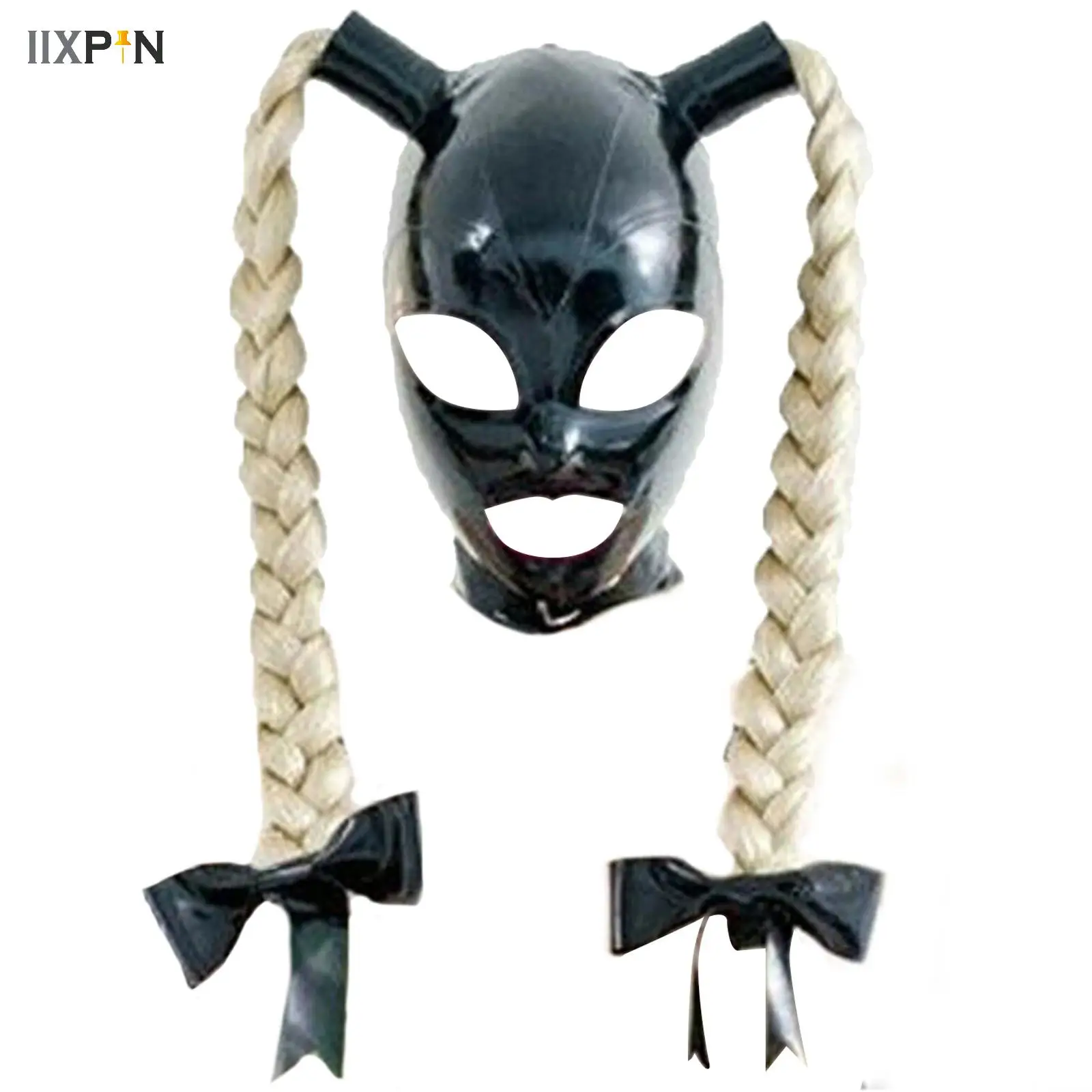 Sexy Black Latex Hood Mask Pigtail with 2 Braid Wigs Back Zip Open Eyes Mouth Head Cover Face Cover Halloween Cosplay Costume