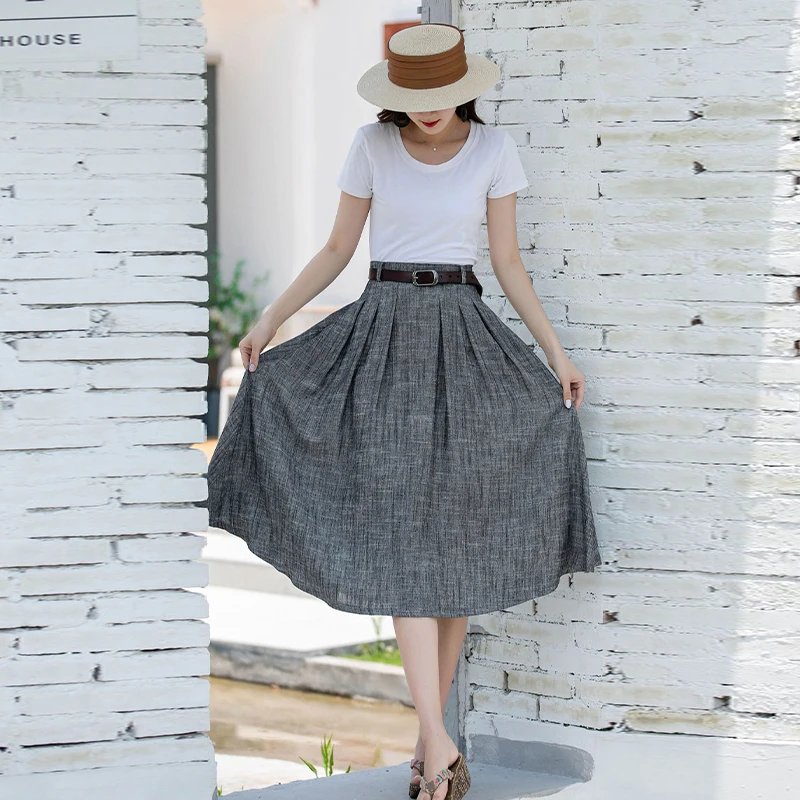 2026 Summer Grey Linen Pleated Skirt, Women's Retro Slim Fit Mini Skirt, Fashionable Versatile Short Skirt