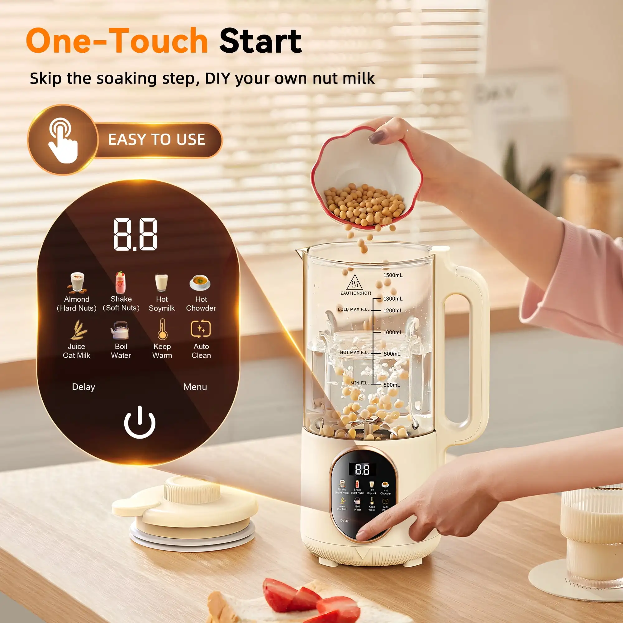 Macchina automatica per il latte di noci da 50 once, macchina per la produzione di mucche di mandorle e latte di soia caldo fatta in casa, a base vegetale 10 in 1 (1500 ml)