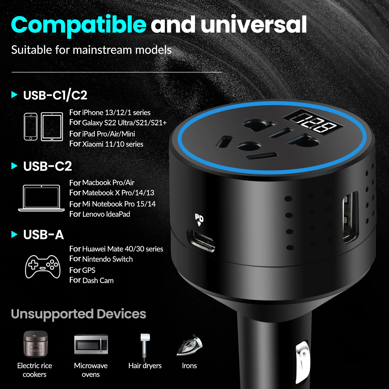 Car Inverter 100W 12V DC to 220V/110V AC Cigarette Lighter Power Supply Inverter Adapter Dual USB Type-C Auto Charger Outlet NEW view 4