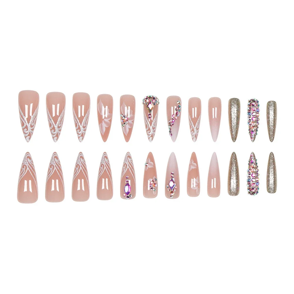 24-delige lijm lange tips druk op nagels amandel draagbare nagel bloem kristallen volledige dekking nep nagel eindproduct