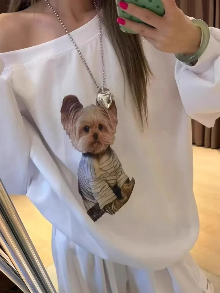 초가을 새로운 패션 만화 개 프린트 루즈핏 캐주얼 얇은 스웨트셔츠 여성용 동대문 스타일 어깨 비대칭 통근룩