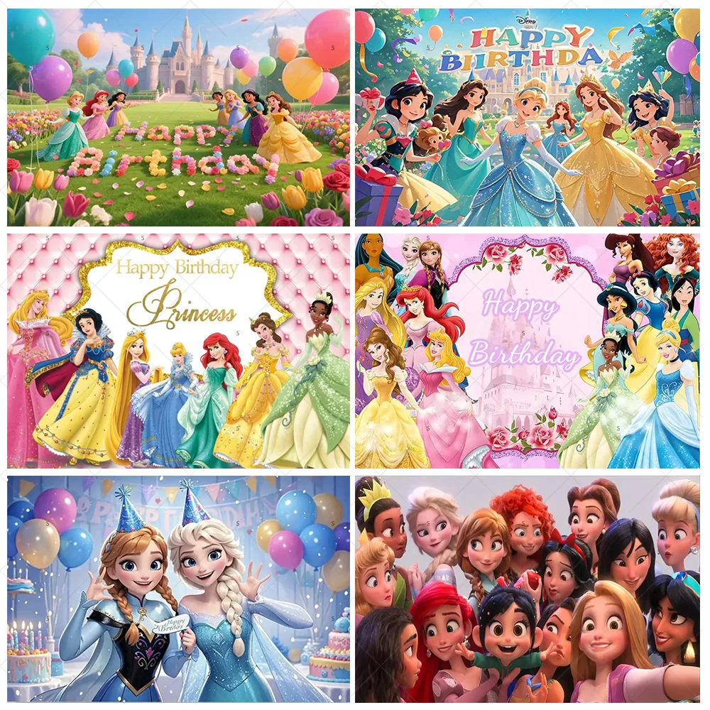 

Disney Princess Theme Girls Birthday Backdrop Supplies Elsa Snow White Ariel Background Party Decoration Banner Photo Shoot Prop