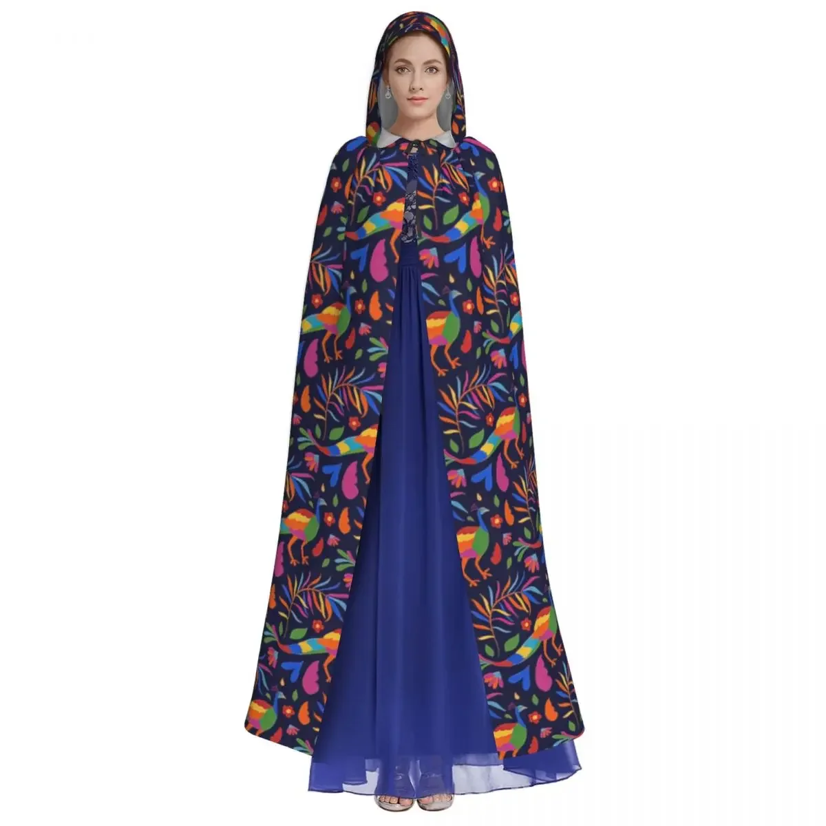 Mexico Otomi Colourful Peacock Bird Pattern Hooded Cloak Halloween Party Cosplay Woman Men Adult Long Witchcraft Robe Hood