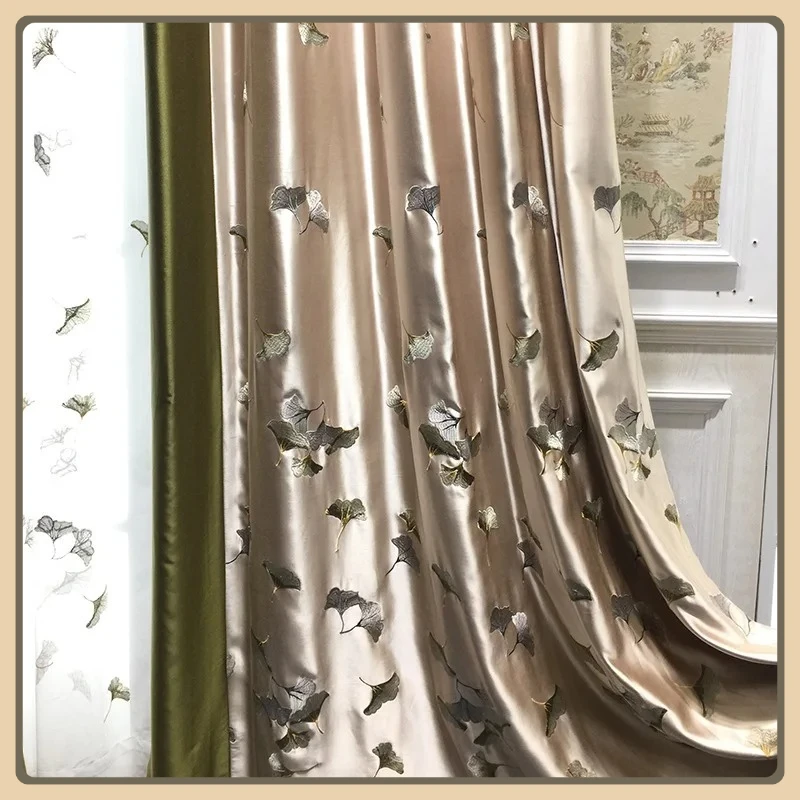 

New Chinese Curtains Chinese Style Modern Ginkgo Leaf Beige Satin Embroidered Curtain Fabric Embroidered Curtain Yarn