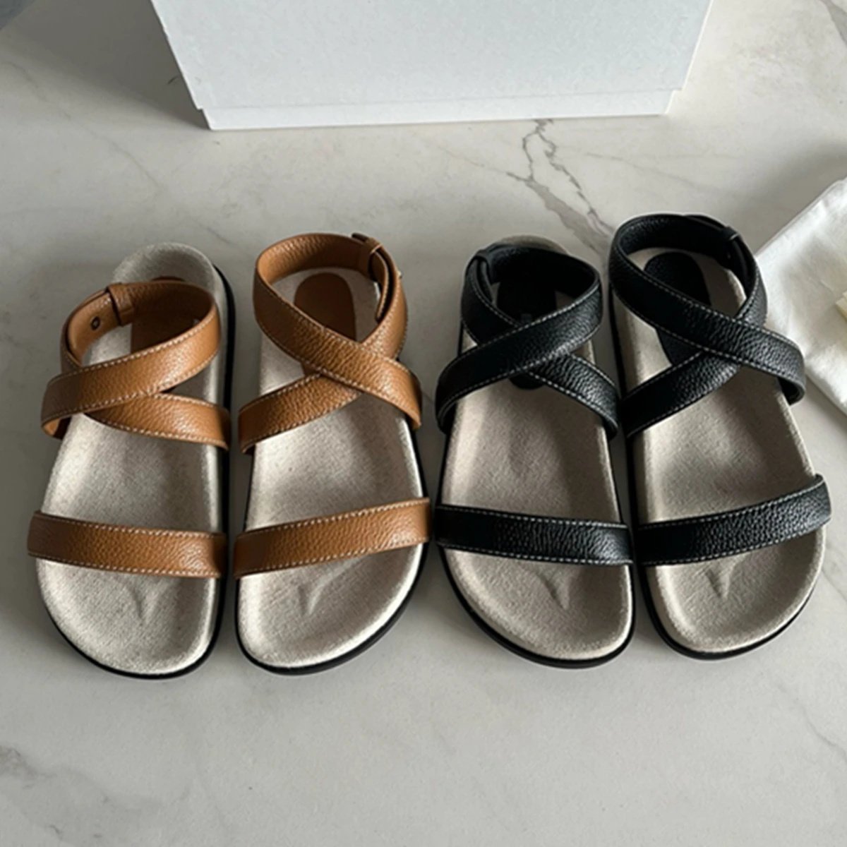 

Withered Minimalist Flat Shoes Cross Strap Sandals Women Summer Lychee CowhideVintage Roman Retro Flat Vacation Sandals