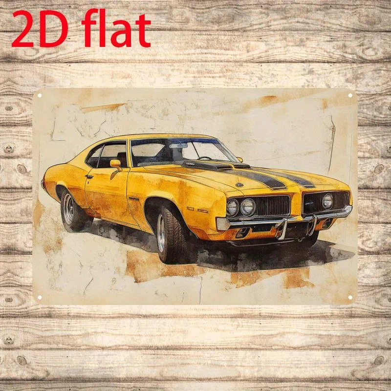 Vintage American Muscle Car Metal Tin Sign -  Rustic Wall Art, Classic Yellow Car with Red License Plate, for Garage, Home, Bar,