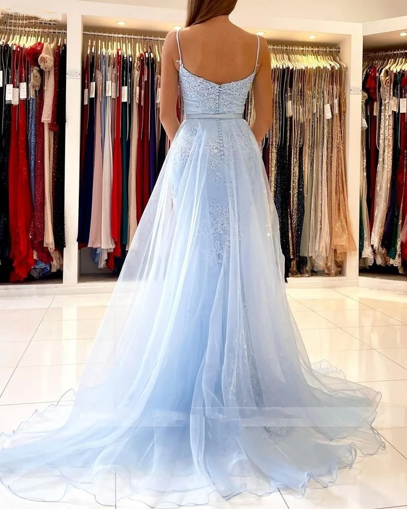 2023 Light Blue Mermaid Prom Dresses Long Sweetheart Appliques Lace Evening Dress 2023 Detachable Tulle Train Formal Party Gowns