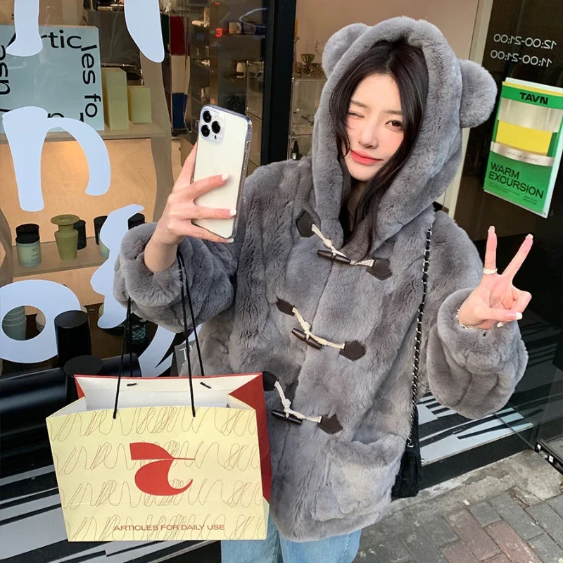 Women Faux Fur Coat Imitation Rex Rabbit Loose Hooded Outcoat Female Thicken Warm Fashion Horn Button Solid Color Winter Outwear