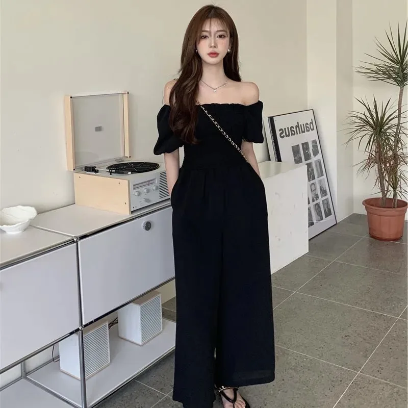 

Elegant Strapless Summer Jumpsuit Women Fashion Black Short Sleeve Rompers With Pocket Office Lady Commute Off Shoulder Overalls