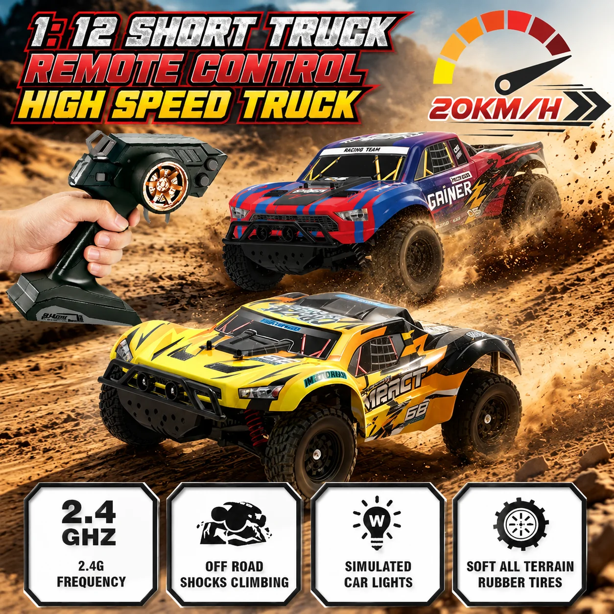 1:12 Scale RC Truck 20KM/H 2.4GHz 4WD Remote control All-Terrain Off-Road Vehicle with LED Light for Boys Kids 6+ Birthday Gift