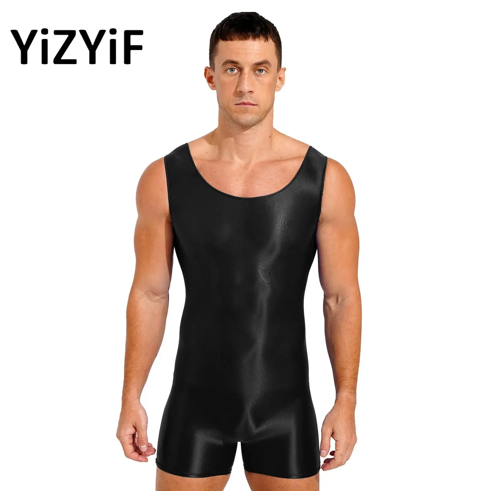 

Mens Oil Glossy Shiny Tank Bodysuit Elastic One Piece Boxer Short Leotard Sexy Tights Body Shaper Swimsuit Swimwear Clubwear