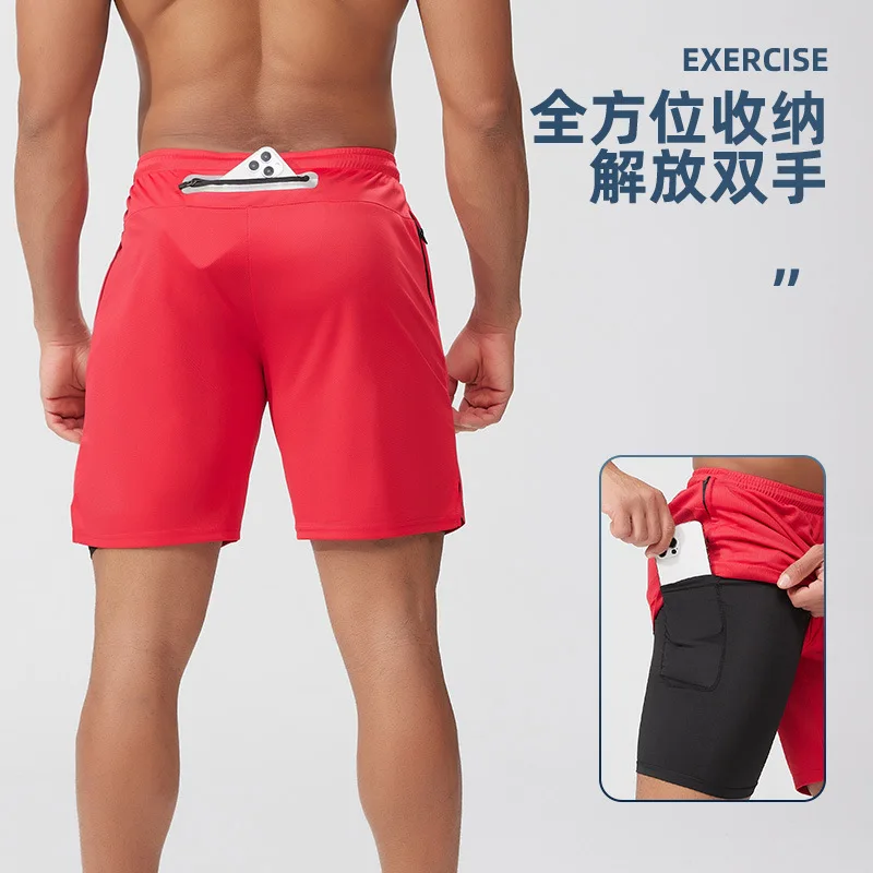 Summer new running shorts men's double-layer with lining marathon track and field quick drying basketball fitness training pants