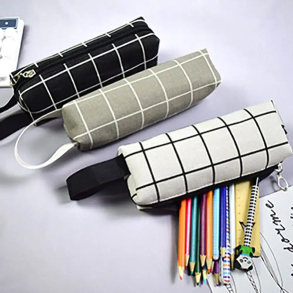 New Checkered Stripe Pen Bag Canvas Large Capacity Stationery Organizer Multi-function Portable Pencil Case Universal