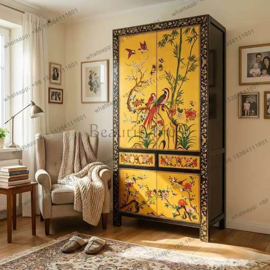 New Chinese solid wood four-door wardrobe classical hand-painted bedroom wardrobe decorative cabinet