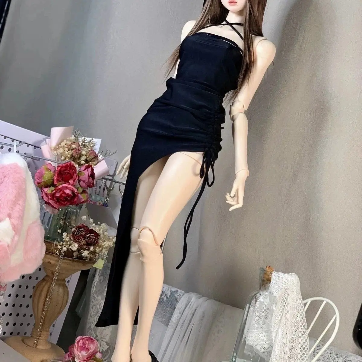 1/4 BJD Doll Clothes Parts Black Halter-neck Soft Seductive Spicy Girl Drawstring Sexy Fitted Bodycon Skirt For BJD Dress Up