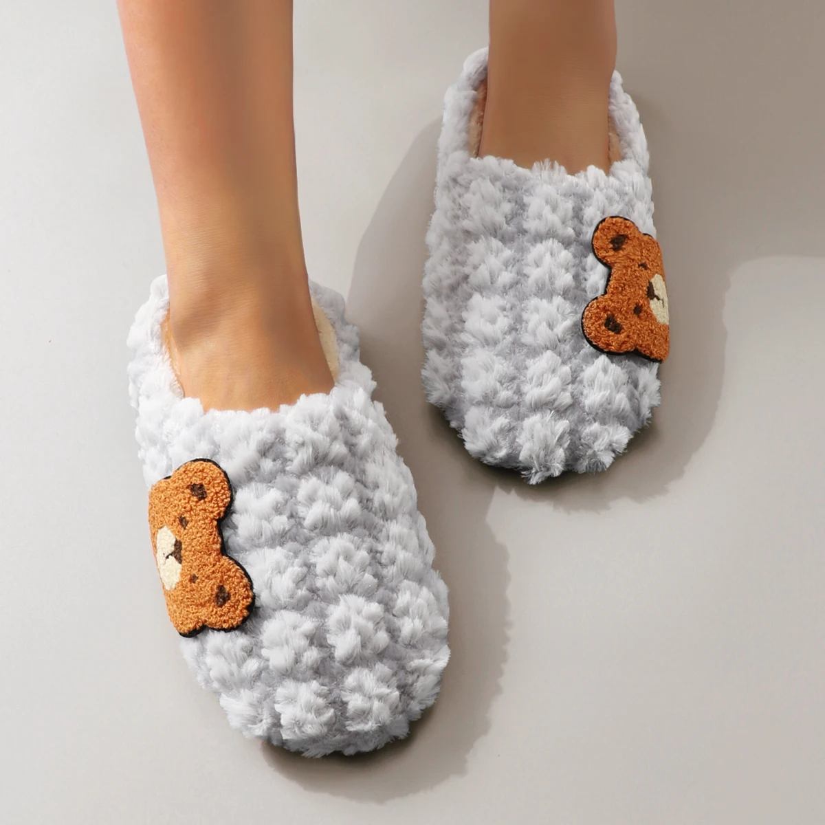 Cute Cartoon Embroidered Bear Plush Silent Soft-Soled Women's Home Slippers Floor Socks Slippers