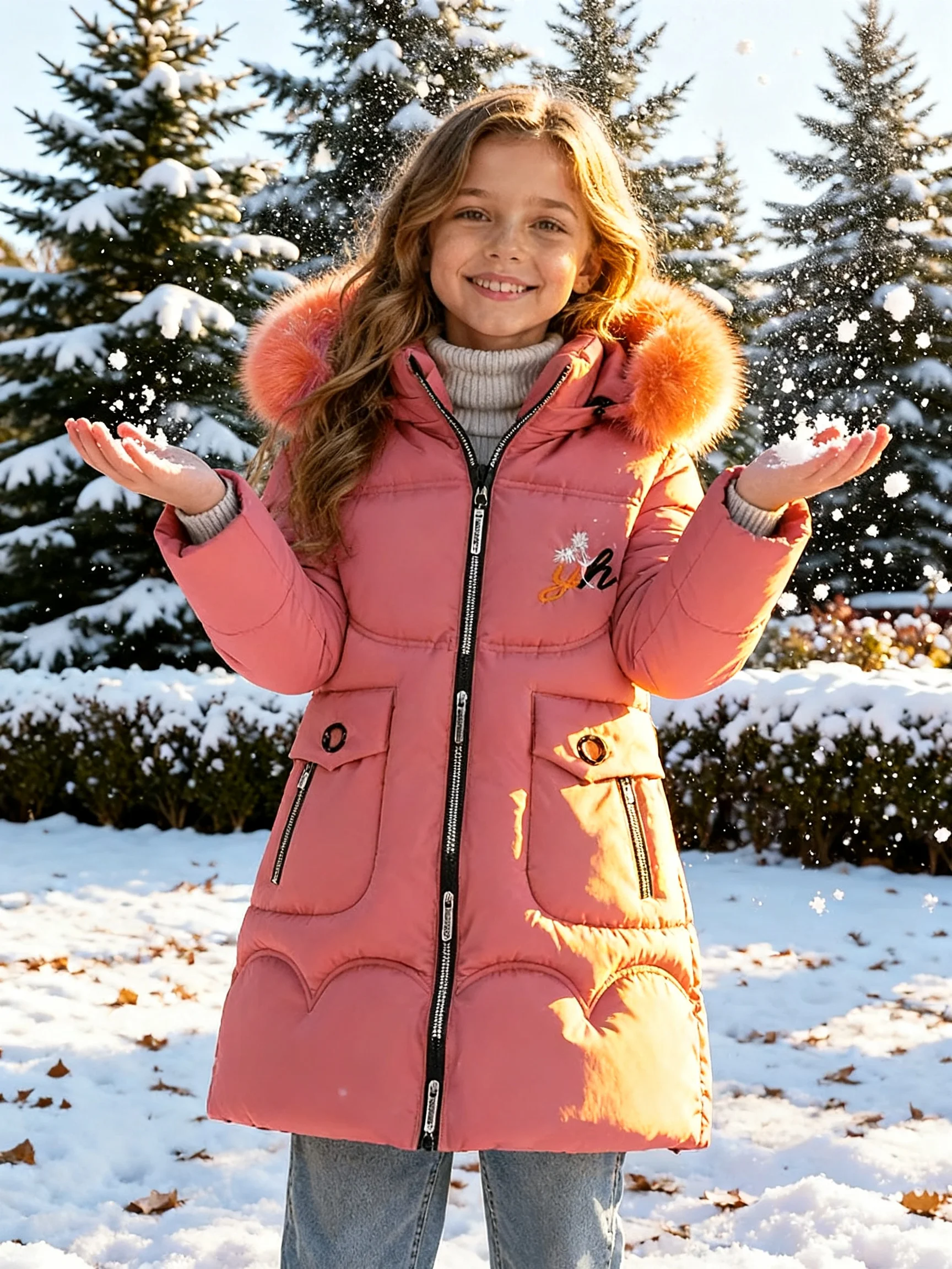 Girls Winter Down-Cotton Padded Coat – Mid-Length Quilted Jacket for Big Kids, Embroidered Letter, Thick Warm Winter Coat